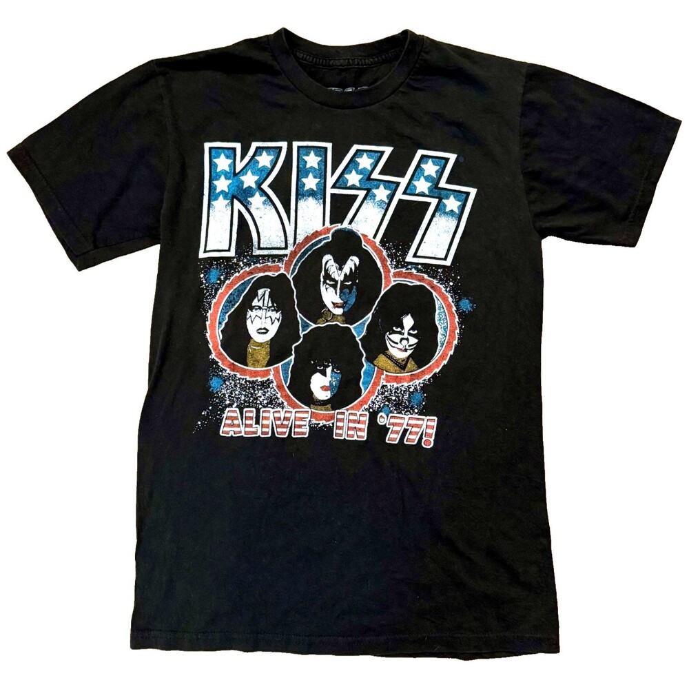 Men's Kiss Alive In 77' Black T-Shirt Small Graphic Print Rock n' Roll Guitar